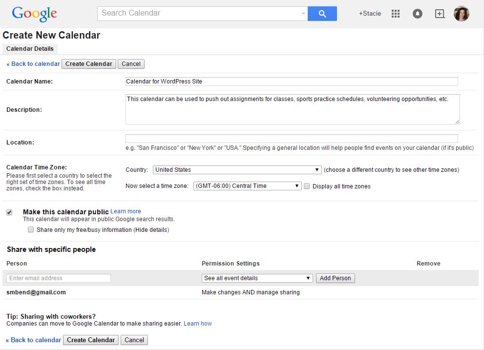 Create New Google Calendar