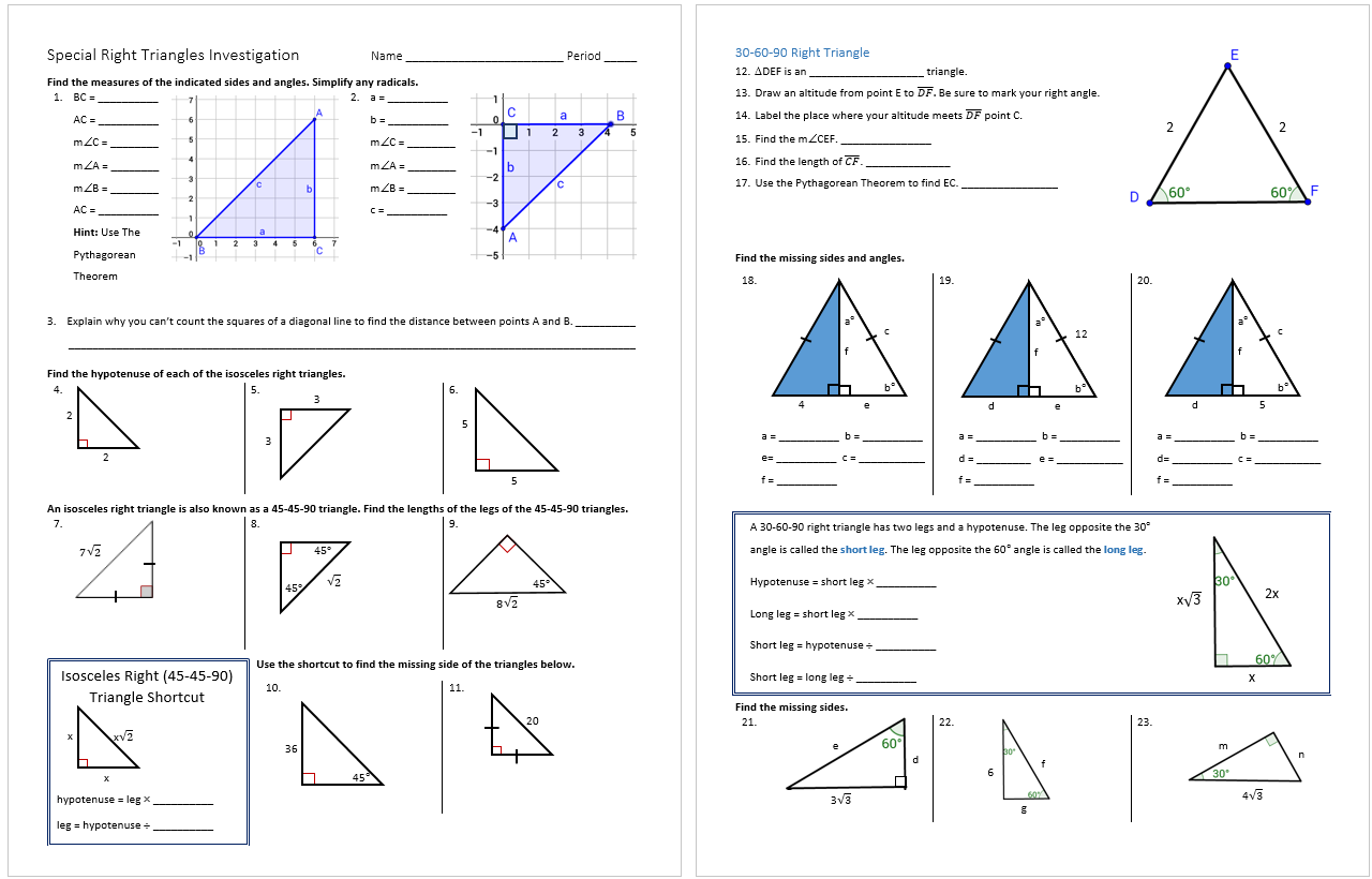 Special Right Triangles Investigation  Systry In Special Right Triangles Worksheet
