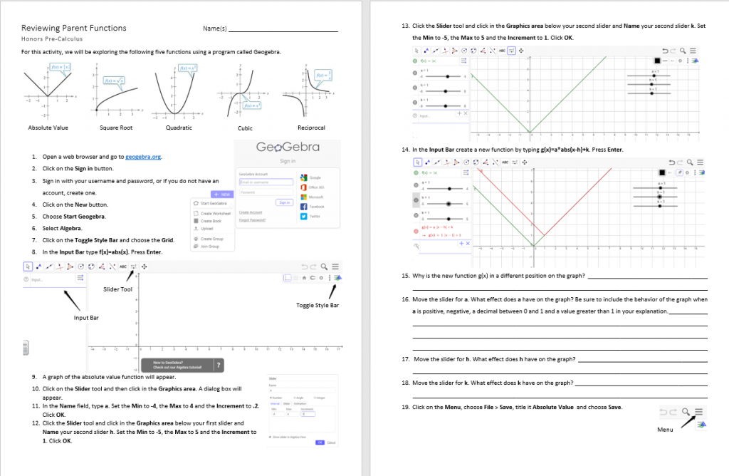 Reviewing Parent Functions Geogebra Activity p 1-2